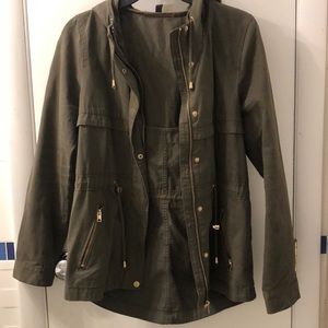 dark green with gold details light hooded jacket